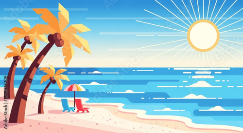 Tropical beach paradise with palm trees, sun, ocean, and lounge chairs under a bright sun.