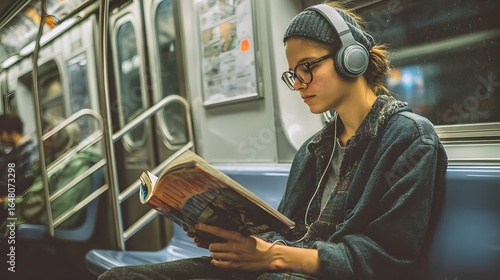 Woman engrossed in a magazine while commuting. The subway provides a backdrop for her reading and music session. Everyday moment captured.