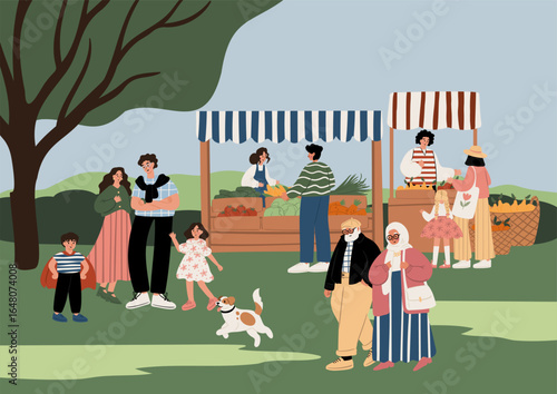 Illustration of a summer farmer market scene with families, elderly couples, vendors and children of diverse ethnic backgrounds spending time outdoors. Flat vector illustration.