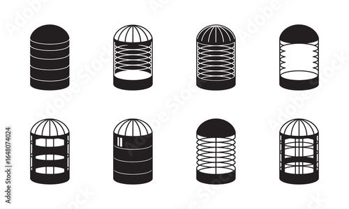 Trash Bin Silhouette Icons for Waste Management and Recycling