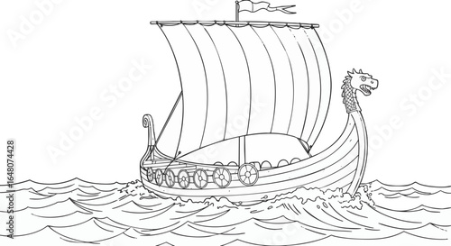 Viking Longship Sailing the Seas A Line Drawing