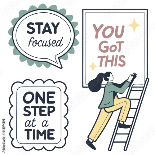 Productivity quote sticker set featuring a stay focused message with vibrant cmyk and grayscale elements created in adobe illustrator