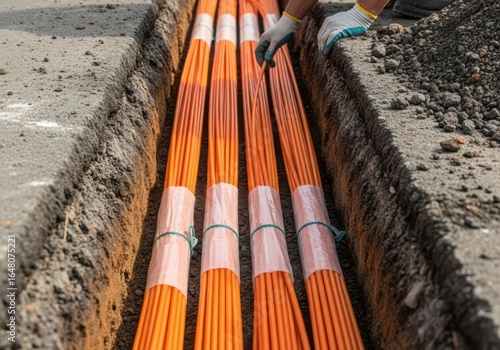 Installation of orange fiber optic cables in a trench for internet infrastructure