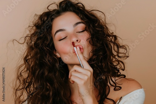 Curly haired woman smiling with closed eyes, Holding lipstick with joyful expression, Studio beauty portrait on beige background, Soft feminine makeup style