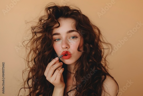 Woman applying red lipstick, Curly hair beauty shot, Studio portrait on neutral beige background, Glamorous feminine expression, Minimal fashion closeup