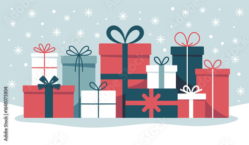 Holiday gift boxes vector illustration with wrapped Christmas presents in red, white, and blue. Banner for winter holidays, festive greeting cards, seasonal marketing