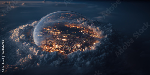 Futuristic dome shield protecting a country at night. Anti-missile defense system above illuminated city under a transparent energy barrier