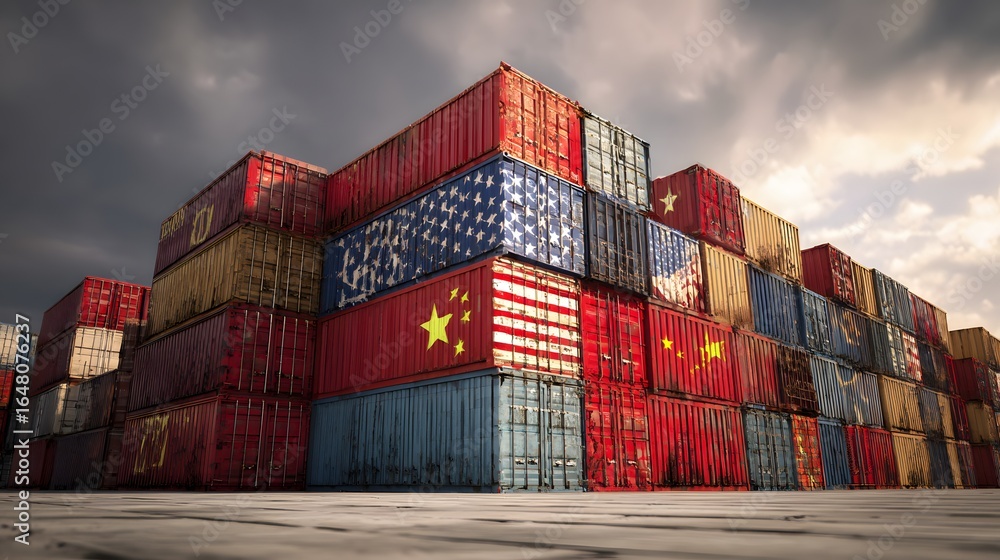 Fototapeta premium Containers with national flags symbolize international trade, shipping, and global economy against a dramatic cloudy sky backdrop. 