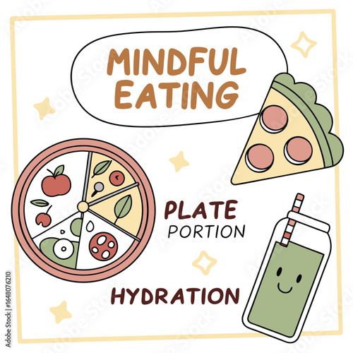 Mindful eating sticker pack featuring a food mood chart and healthy meal illustrations for wellness and nutrition enthusiasts