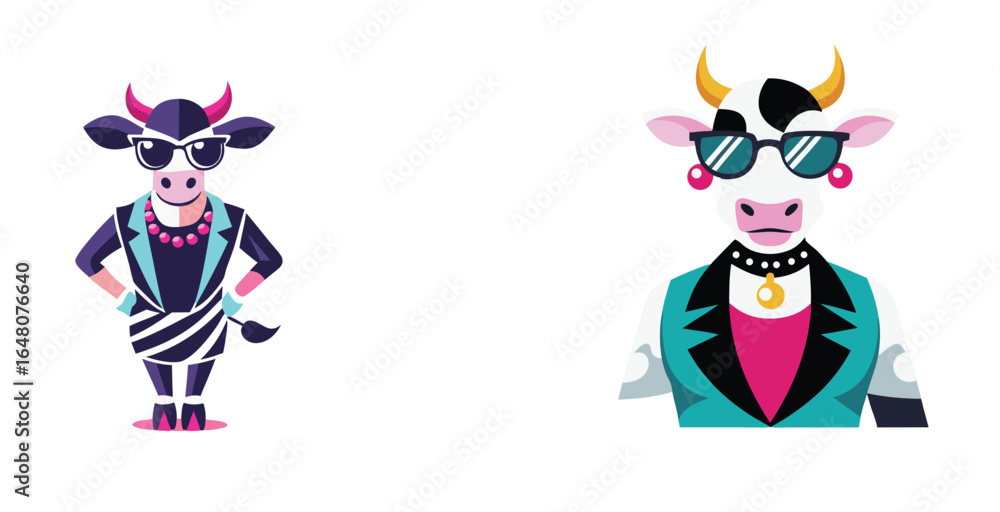 Naklejka premium Chic Cow in High Fashion Avant Grade Clothing Outfit Stylish Vector Logo Illustration