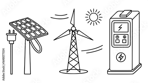 "Clean, simple stroke icons for green energy: solar panel, wind turbine, hydrogen cylinder, EV fast charge plug, electric grid tower."