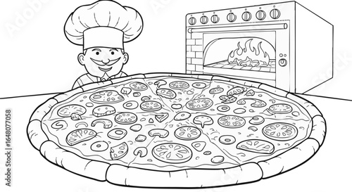 Cartoon Chef Proudly Presents a Delicious Pizza in a Kitchen Scene, Ready to Bake in a Hot Oven