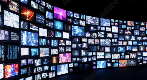 A large curved wall of glowing TV and computer screens, each displaying different videos, cinematic lighting, 4K detail