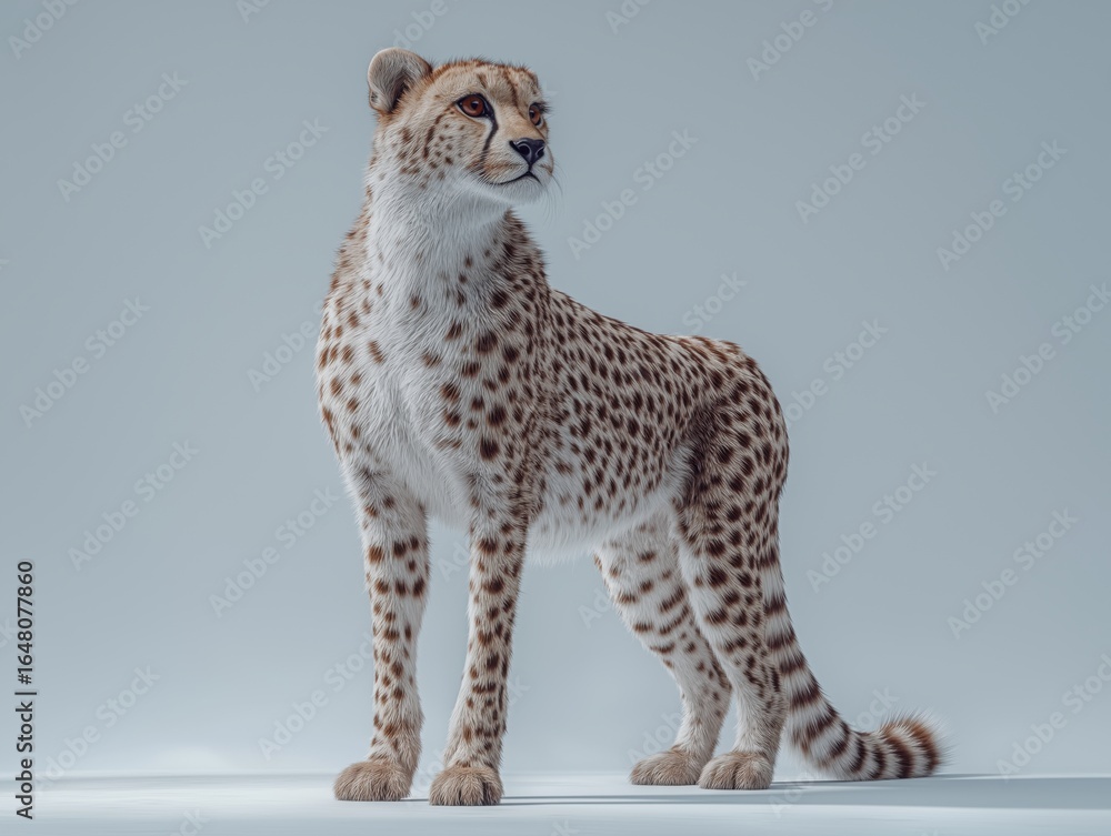 Obraz premium Realistic 3D illustration of a standing cheetah with detailed fur texture, showcasing its elegant posture and distinctive spots against a soft gradient background