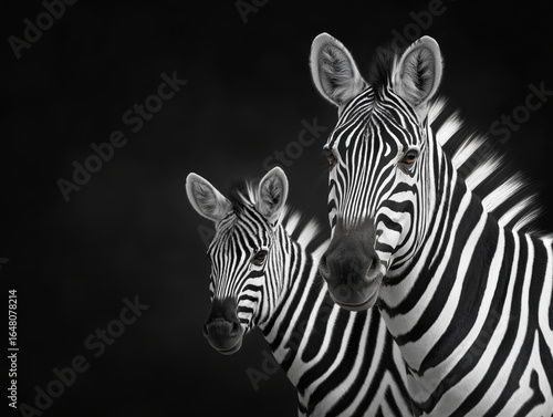 Two zebras with striking black and white stripes stand closely together, showcasing their unique patterns and textures against a dark background, symbolizing wildlife beauty and harmony