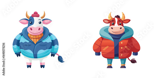 Stylish Cow Wearing Quilted Puffer Coat with High Collar Flat Vector Design