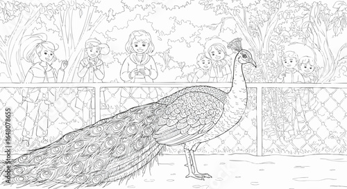 A detailed line drawing of a peacock at a zoo enclosure, with children looking on in fascination