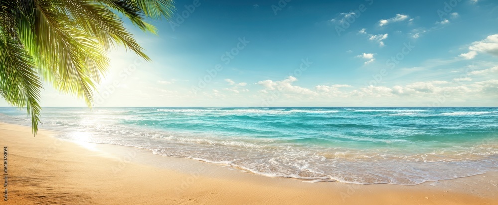 Obraz premium The Beach with Palm Fronds Turquoise Ocean Waves Golden Sand and Sunny Sky
