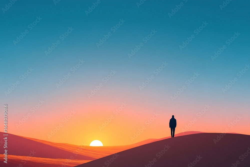 Lonely figure standing on a sand dune at sunset in a tranquil landscape Lonely figure standing on a sand dune at sunset in a tranquil landscape