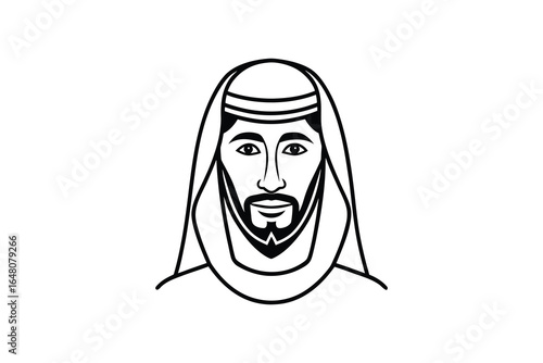 A line drawing of a man wearing a traditional middle eastern headdress and beard silhouette