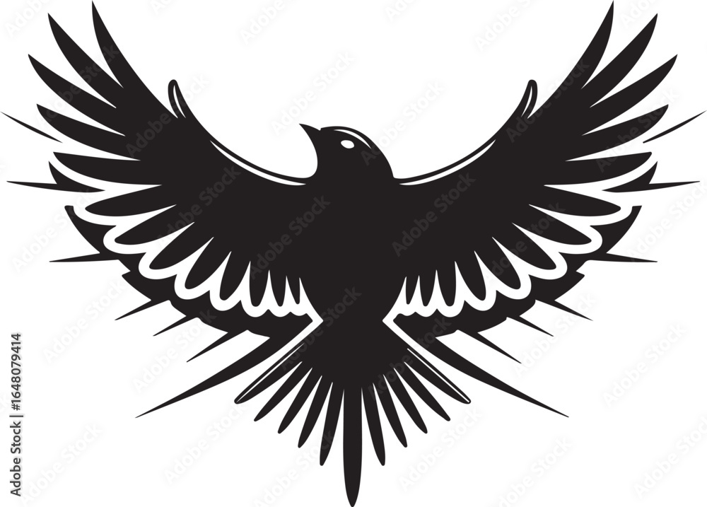 Obraz premium Black silhouette of a bird with outstretched wings and stylized feathers white