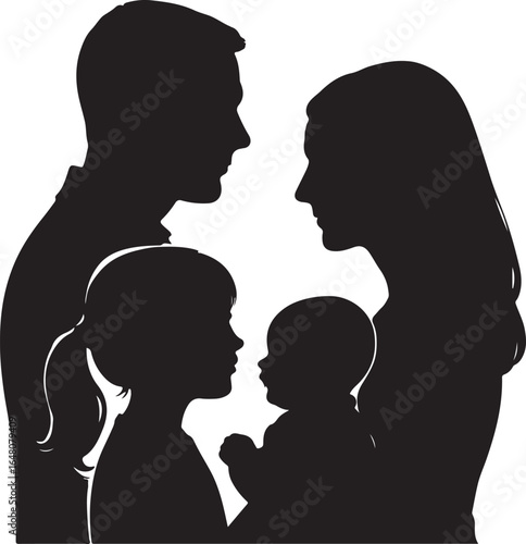 Black silhouette of a family with two children looking at each other people parents 1