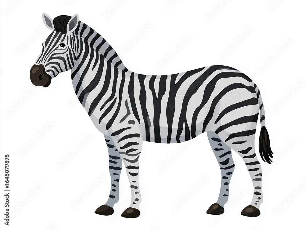 Obraz premium Cartoon illustration of a zebra standing proudly with distinct black and white stripes, showcasing its unique features and playful expression in a vibrant, colorful style