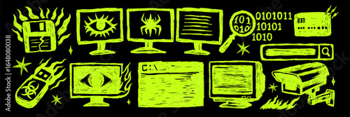 Neon green cyber security sketch set