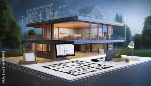 cad 3d rendering of a house plan on the computer mockup of house design in 3d cad drafting in revit or autocad ai