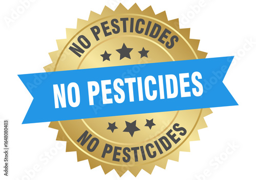 no pesticides. no pesticides round blue and gold label isolated on transparent background