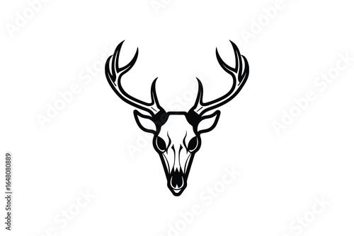 A black and white illustration of a deer head with antlers silhouette