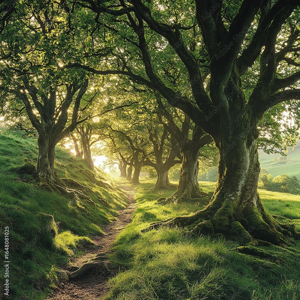 Fototapeta premium Exploring a serene forest path at sunrise nature photography tranquil environment lush greenery