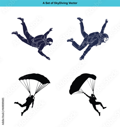 A set of skydivers illustrating freefall and parachute descent in vector art