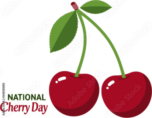 National Cherry Day, cherry vector illustration, pair of cherries icon, red cherry flat design, fruit vector EPS, clean cherry graphic, stylized cherry vector, cherry stem icon, fruit celebration day,