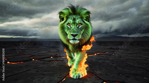 surreal green lion engulfed in vibrant flames