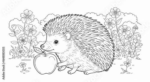 Cute hedgehog holding an apple in a flower garden. Black and white line art illustration for a coloring book page for kids.