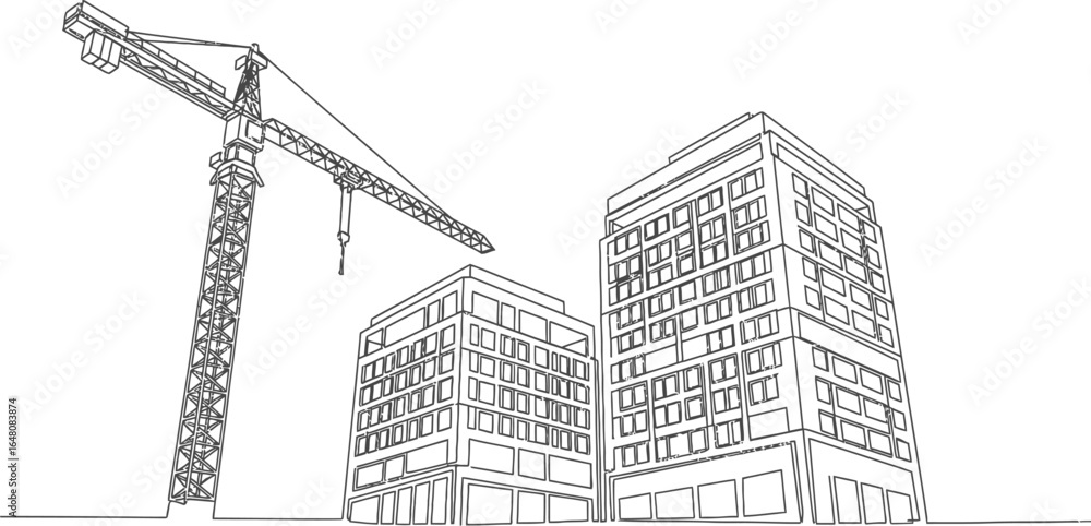 Fototapeta premium Continuous One-Line Drawing of Building with Construction Crane