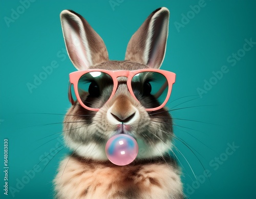 a cool looking rabbit enjoying a bubble gum with stylish sunglasses on a teal background