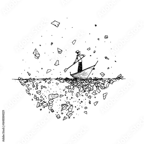 A lone figure rows a boat on a sea of debris with floating fragments in a monochrome illustration