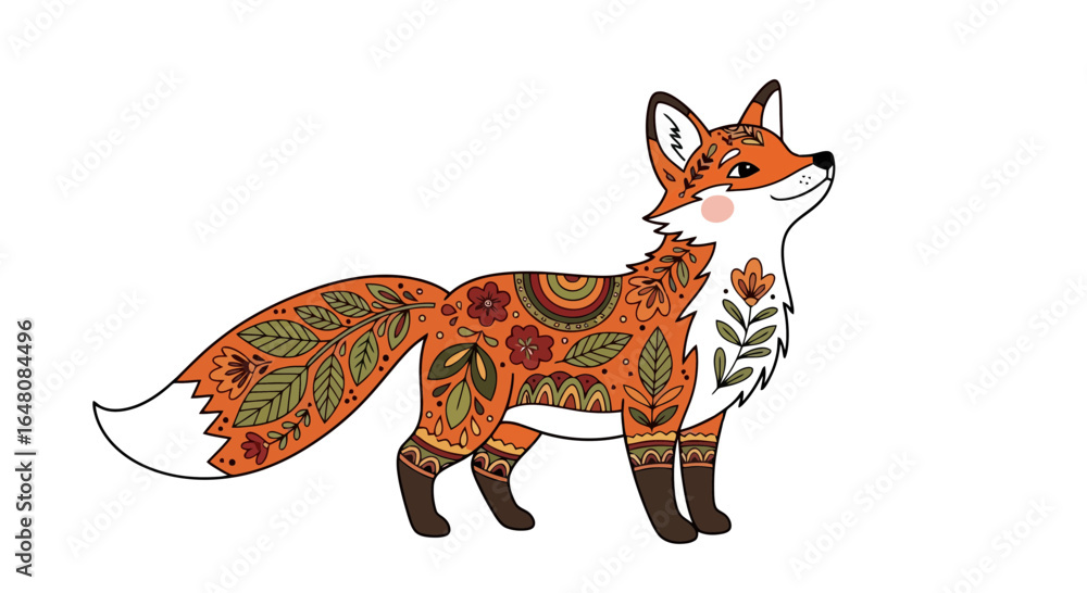 Fototapeta premium Whimsical Fox Illustration with Floral and Geometric Details, Perfect for Children's Books, Fabric Prints, and Nature-Themed Decorative Designs.