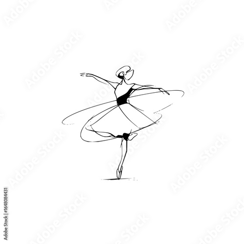 Sketch of a ballerina in a tutu en pointe with arms extended in a dance pose on a white background