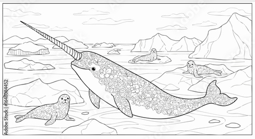 Intricate zentangle narwhal with seals in an arctic ocean landscape. A detailed animal coloring book page for relaxation.
