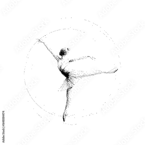A delicate stippled illustration of a ballerina in a graceful pose inside a dotted circle shape