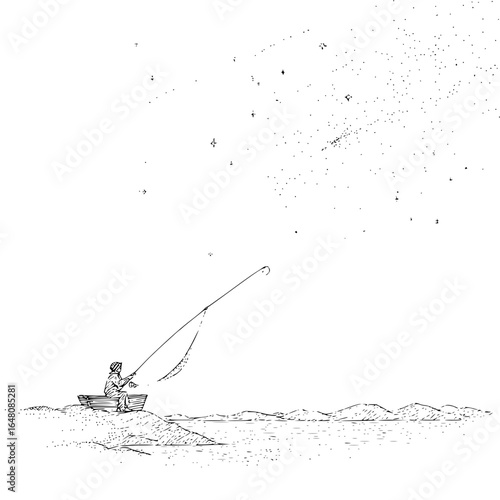 A lone fisherman in a boat casts his line under a starry night sky in a monochrome illustration