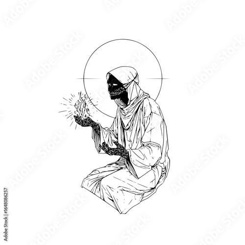Dark figure in robes kneeling and holding a flame with a halo behind them in black and white art