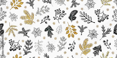Black, Gold & Grey Botanical Seamless Pattern