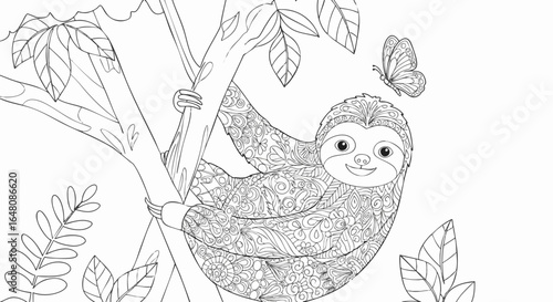 Sloth hanging on a tree with a butterfly and leaves coloring page