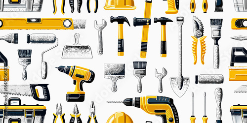 Construction Tools Seamless Pattern: Hammers, Drills, Wrenches, and More