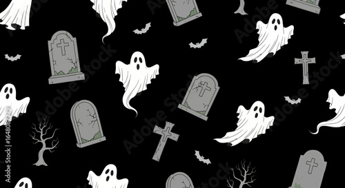 Spooky Halloween Pattern Featuring Ghosts, Tombstones, and Bats on a Dark Background, Ideal for Holiday-Themed Designs and Festive Decorations, Creative Projects.