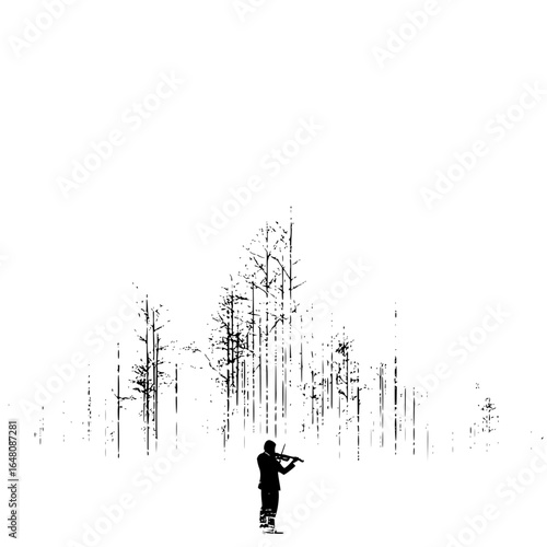 A silhouette of a violinist playing in a forest with tall trees in a black and white illustration